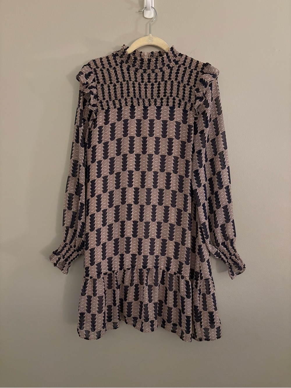 THML Geometric Print Long Sleeve Smocked Ruffle Mini Dress Small